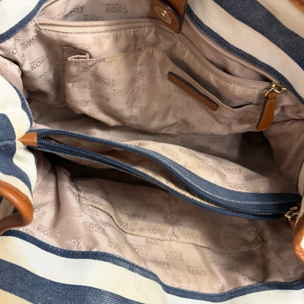 Michael Kors Hamilton Satchel Navy Cream Striped Canvas Leather Trim Handbag